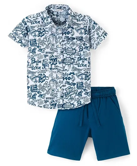 Ollington St. 100% Cotton Woven Half Sleeves Shirt & Shorts Set Text Grafitti Print - White & Navy